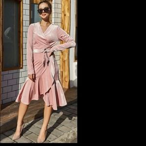 Asymmetrical ruffle hem wrap velvet dress